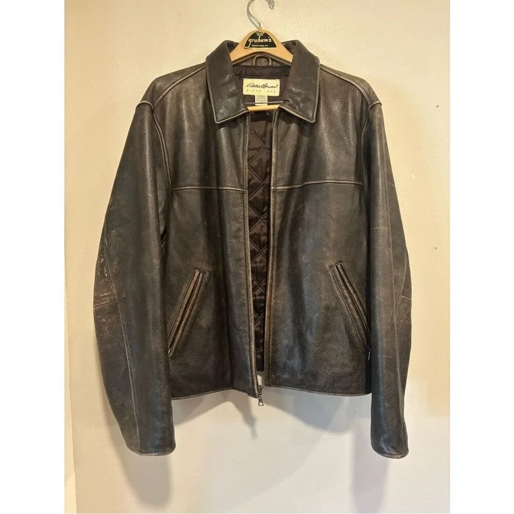 🧥 Eddie Bauer Distressed Leather Jacket Men’s Large Brown Vintage Style